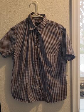 NDSTRYShort-Sleeve Button-Up Gingham Blouse - Navy and White